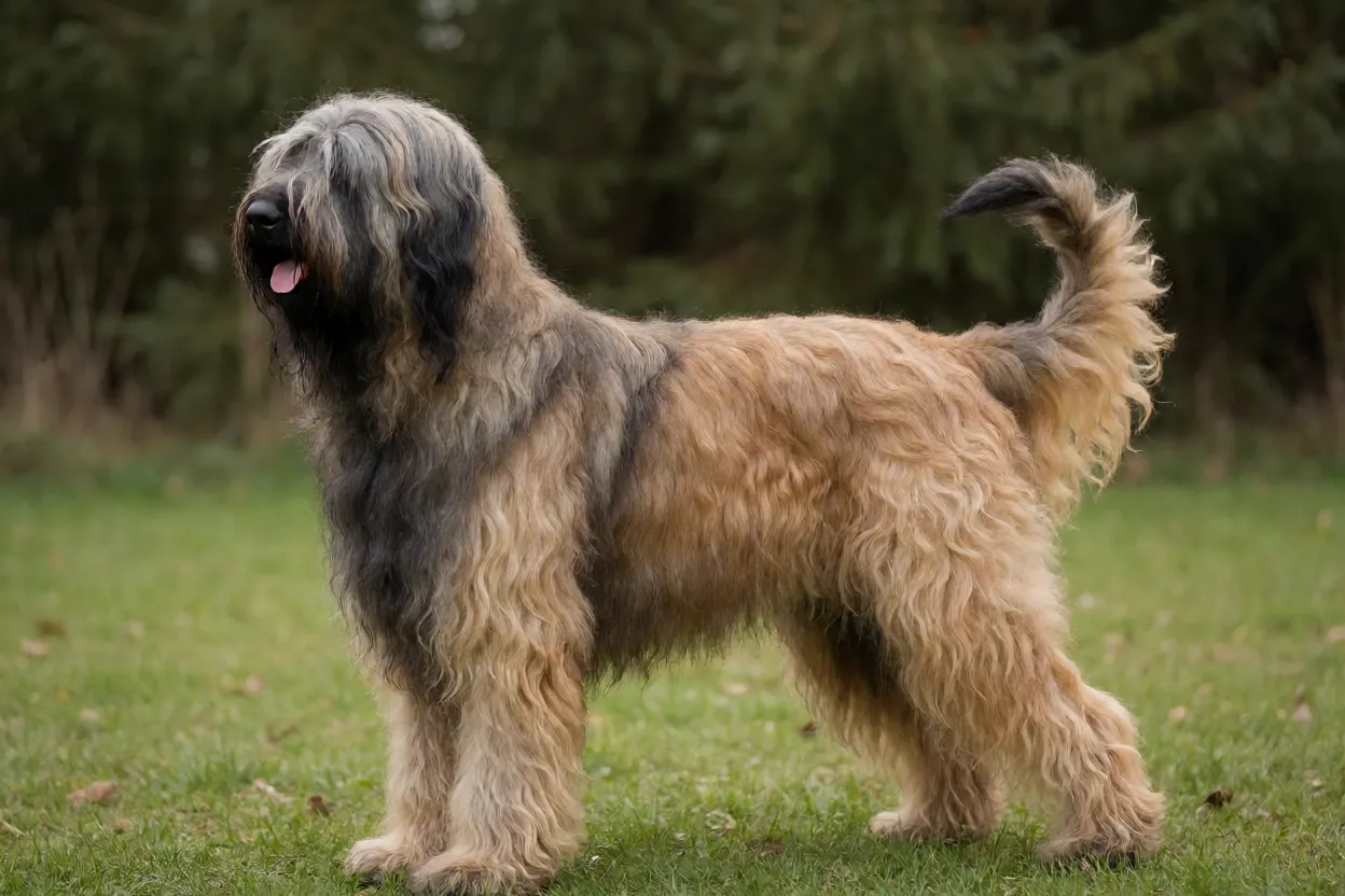 Briard de perfil mostrando o porte e a cauda em forma de J