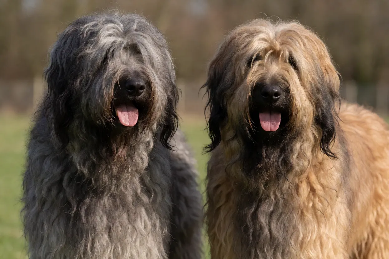Briard cinza e fulvo lado a lado mostrando varia&ccedil;&atilde;o de cores