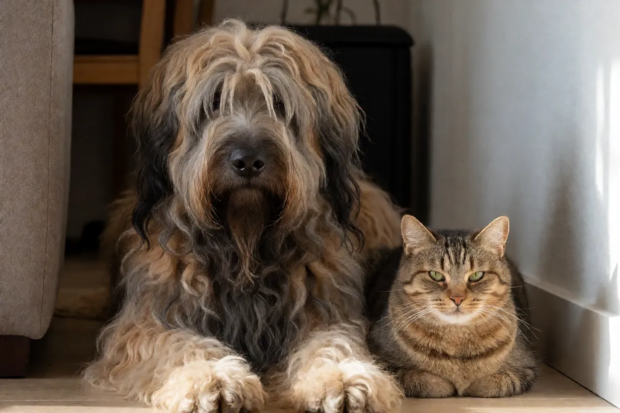 Briard e gato convivendo pacificamente em casa