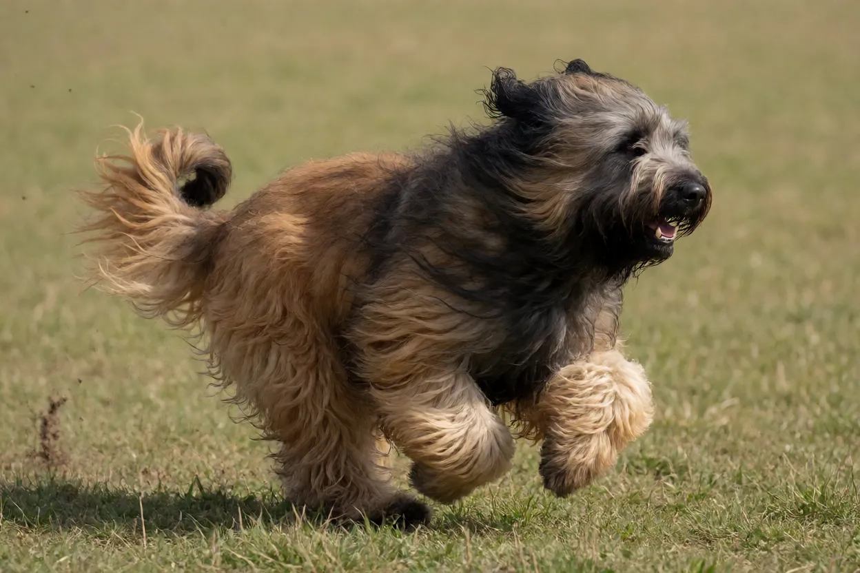 Briard correndo em campo aberto com pelagem ao vento