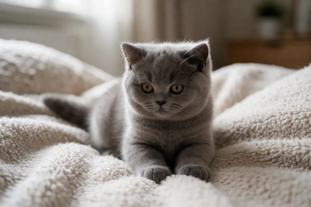Filhote de British Shorthair brincando em ambiente dom&eacute;stico