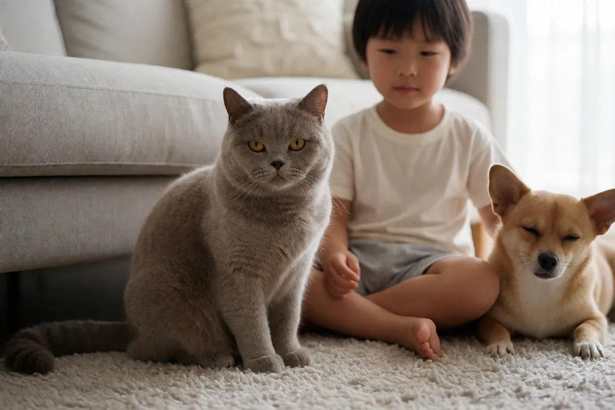 British Shorthair tranquilo perto de crian&ccedil;a e outro pet