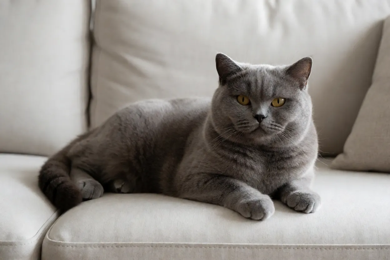 British Shorthair relaxado em ambiente dom&eacute;stico limpo