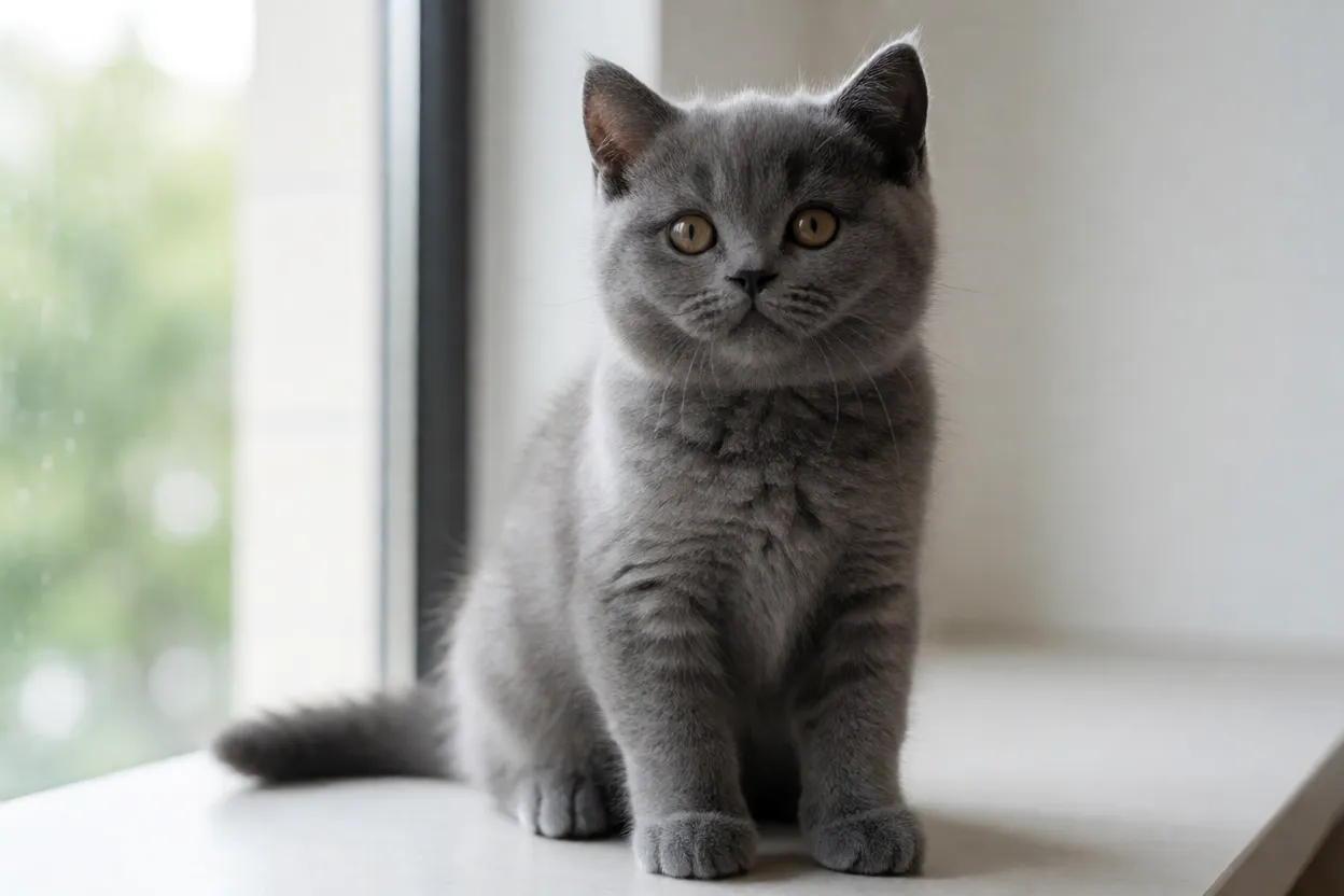 Filhote British Shorthair sendo observado com cuidado em ambiente limpo