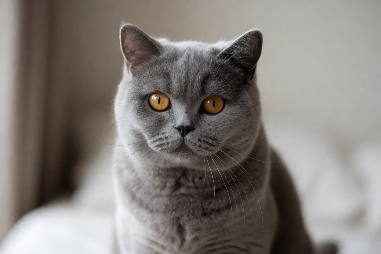 British Shorthair azul cl&aacute;ssico olhando para a c&acirc;mera