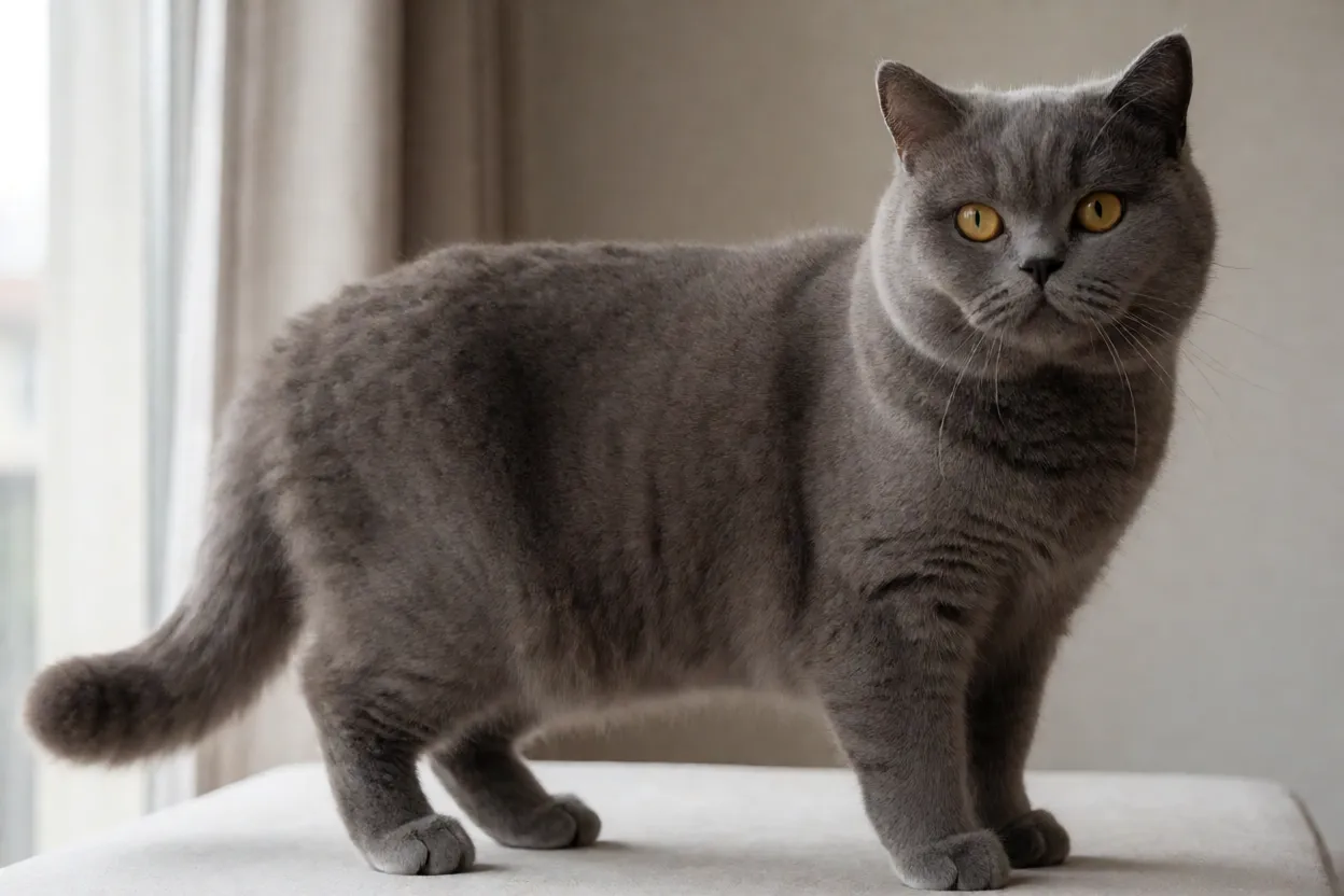 British Shorthair adulto mostrando corpo compacto, peito largo e patas fortes