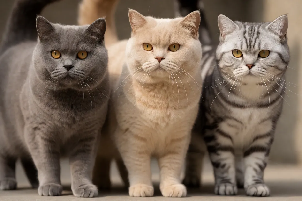 Tr&ecirc;s gatos British Shorthair em pelagens azul, creme e silver tabby