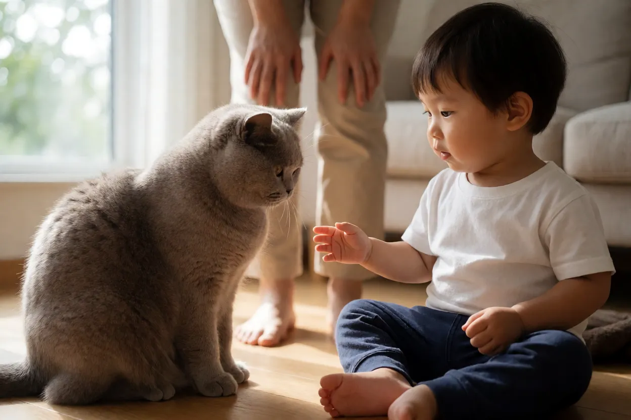 British Shorthair observando calmamente uma crian&ccedil;a sentada no ch&atilde;o