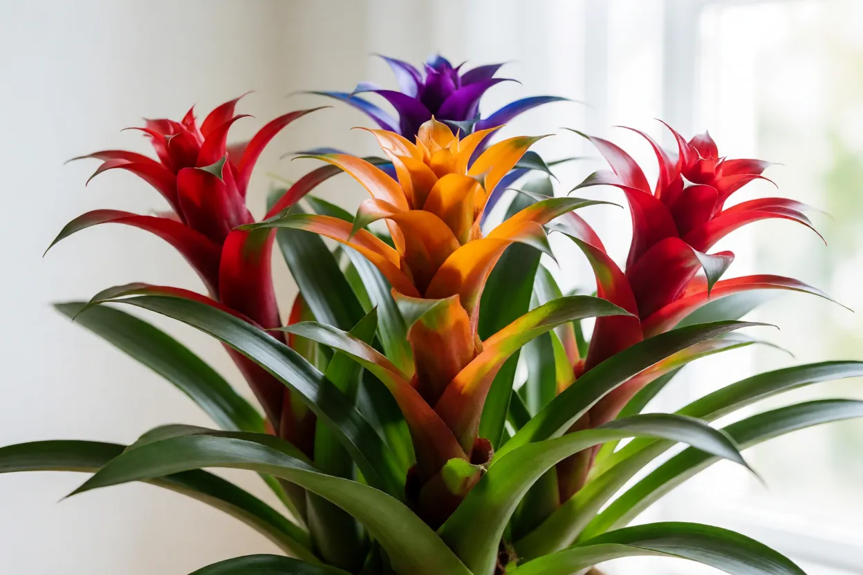 Bromélia-guzmânia: cores, características, floração e cuidados essenciais Guzmania saudável com brácteas vibrantes em ambiente interno