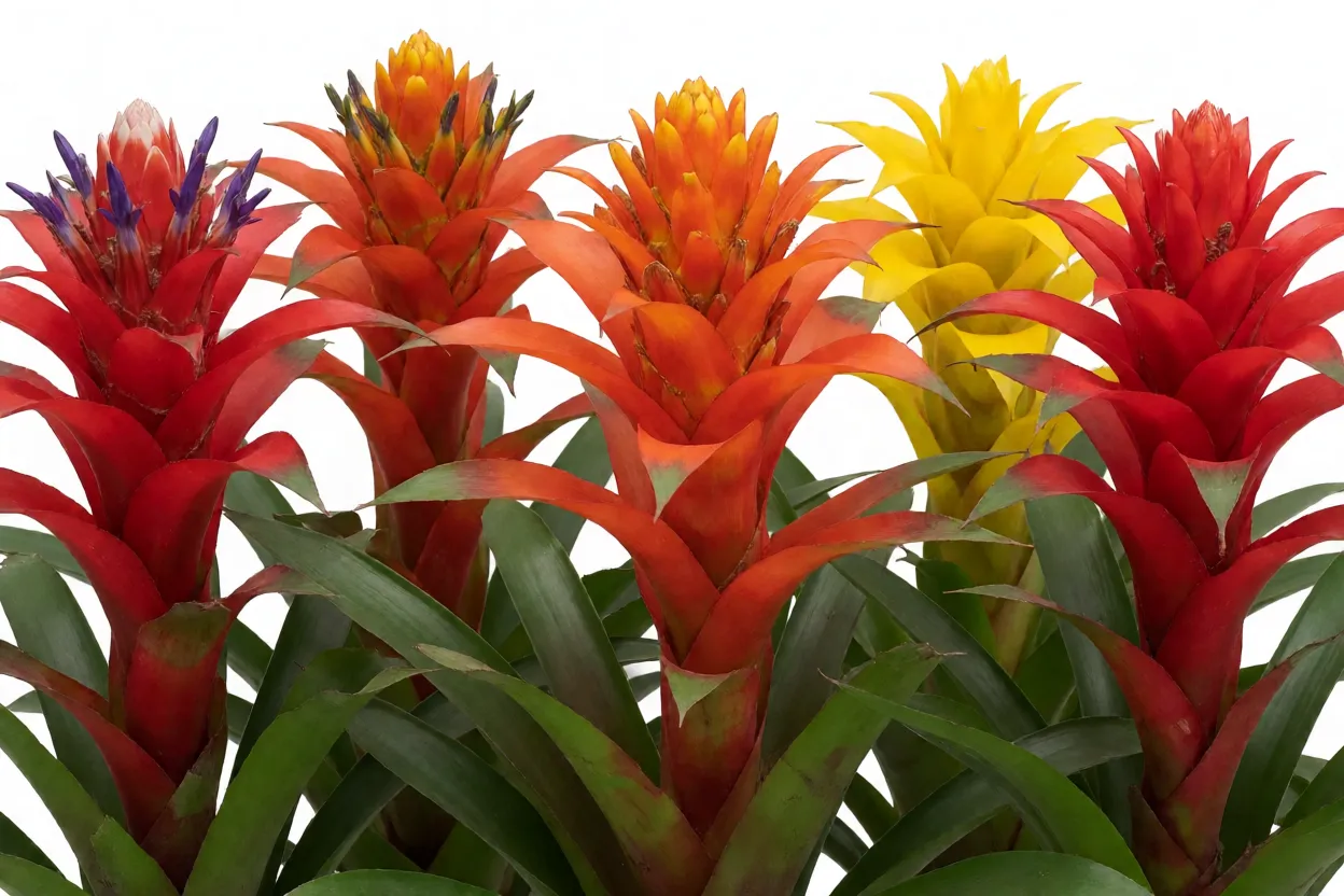 Bromélia-guzmânia: cores, características, floração e cuidados essenciais Variedades de Guzmania com brácteas em vermelho, laranja e amarelo