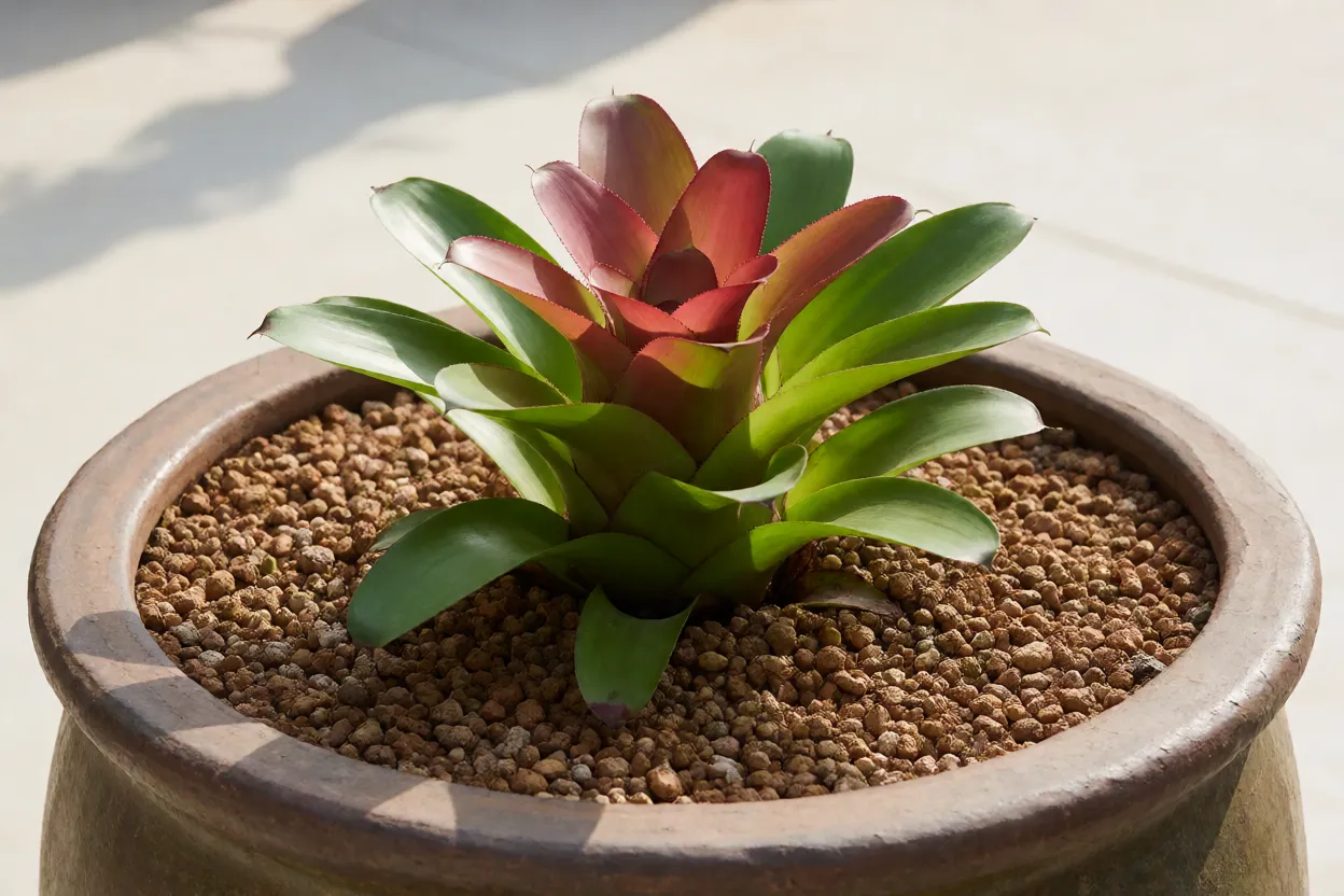 Brom&eacute;lia-imperial plantada em vaso grande com substrato drenante