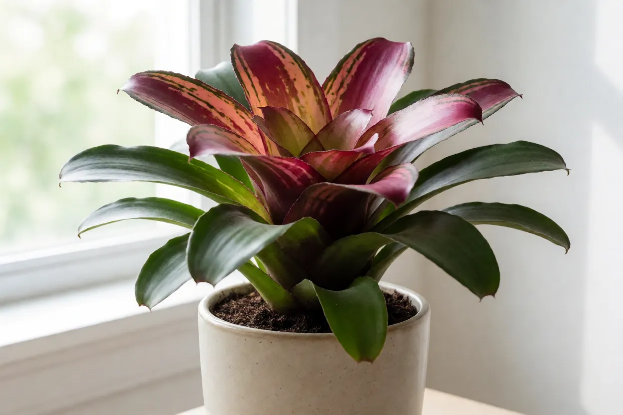 Bromélia-neoregelia: tipos, cores, características e cuidados com a planta Neoregelia saudável e colorida em ambiente iluminado