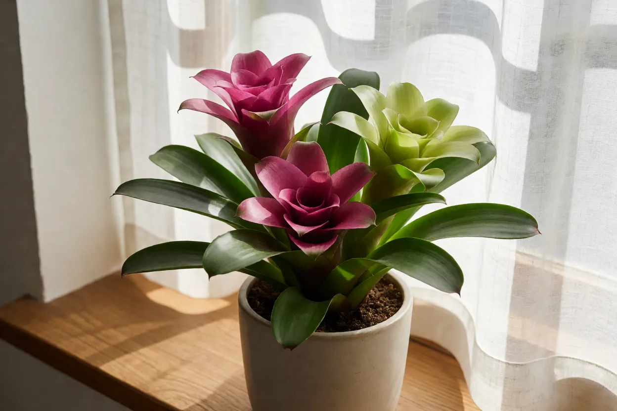 Bromélia-neoregelia: tipos, cores, características e cuidados com a planta Neoregelia em janela com luz natural filtrada