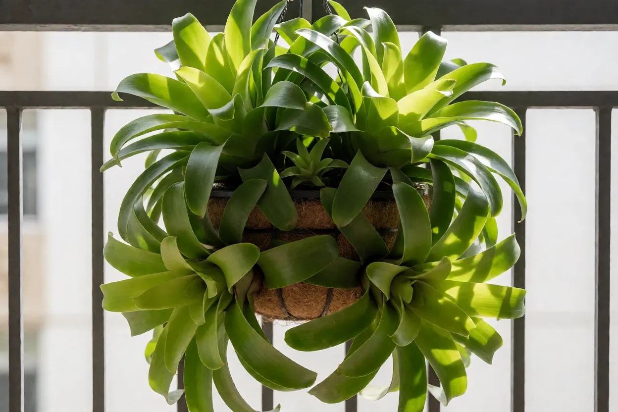 Bromélia-pendente em cachepô pendente em varanda com meia-sombra