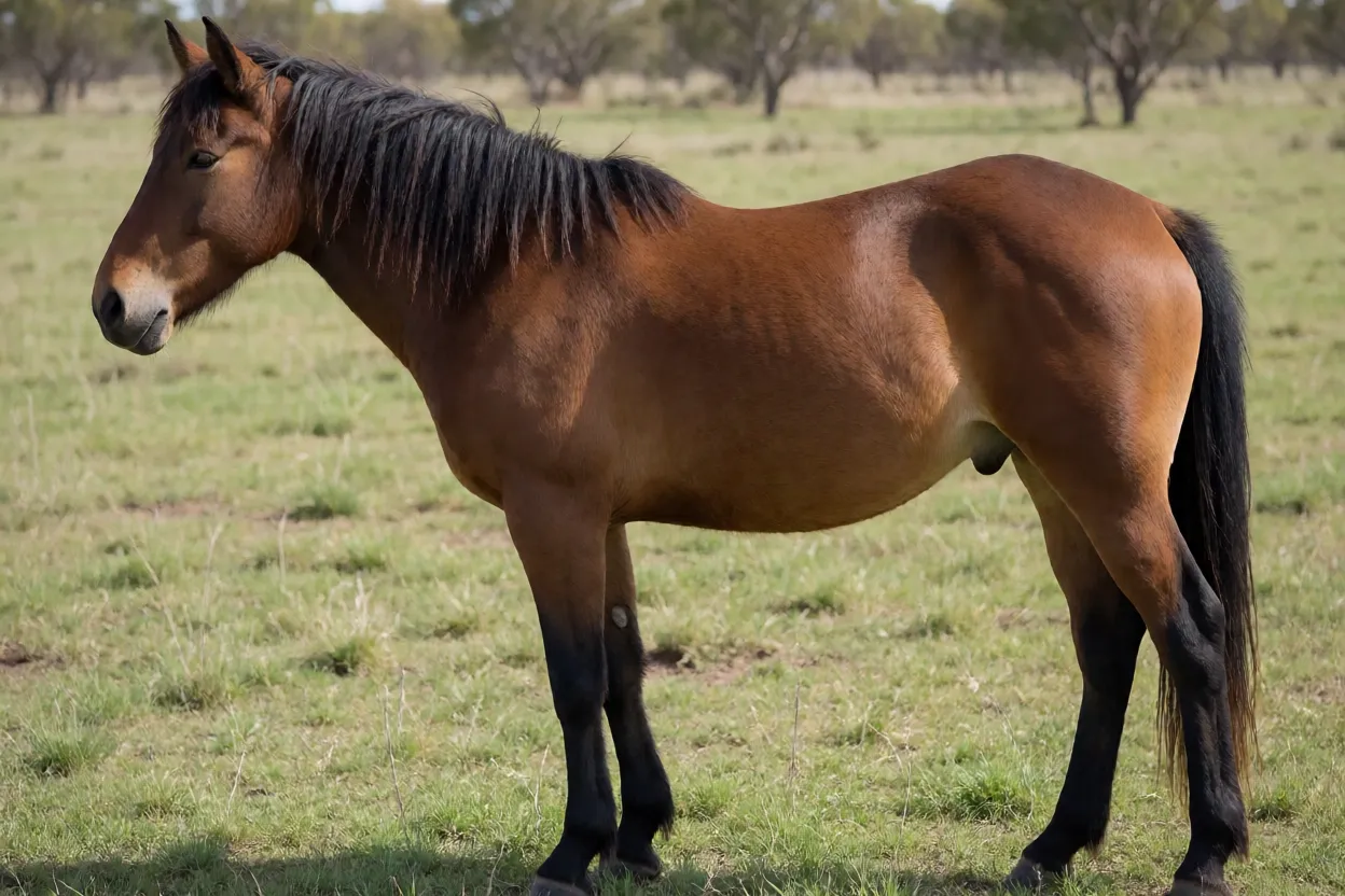 Cavalo Brumby adulto de corpo inteiro em pasto australiano