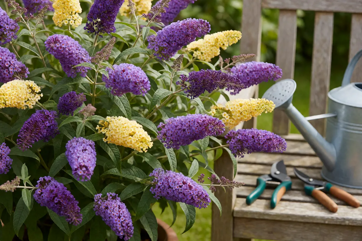 Tabela de cuidados com a Buddleia em contexto de jardim
