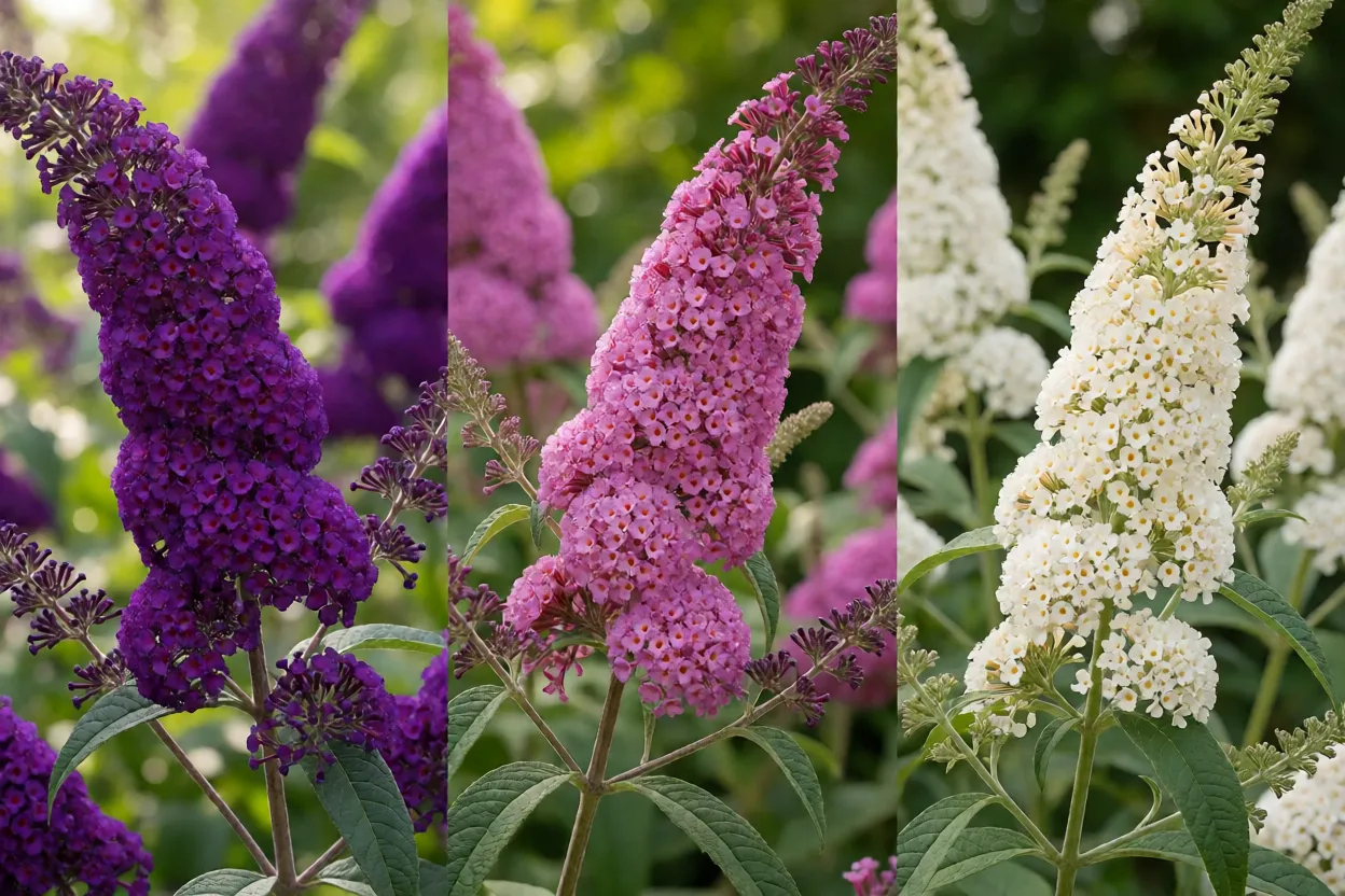 Diferentes cultivares de Buddleia em flor