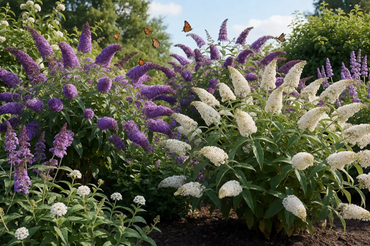 Jardim com Buddleia em flor atraente para borboletas
