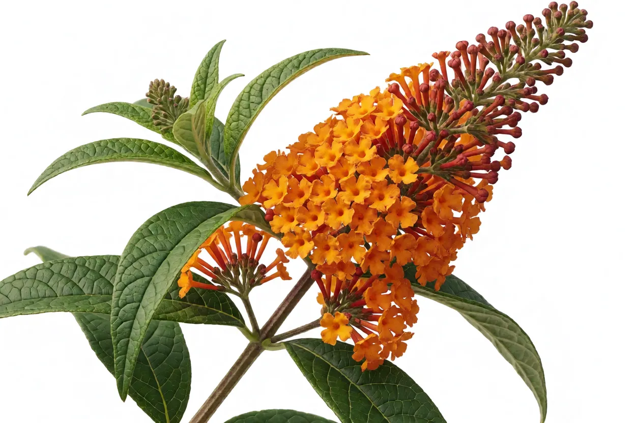 Folhas e detalhe das flores de Buddleja davidii