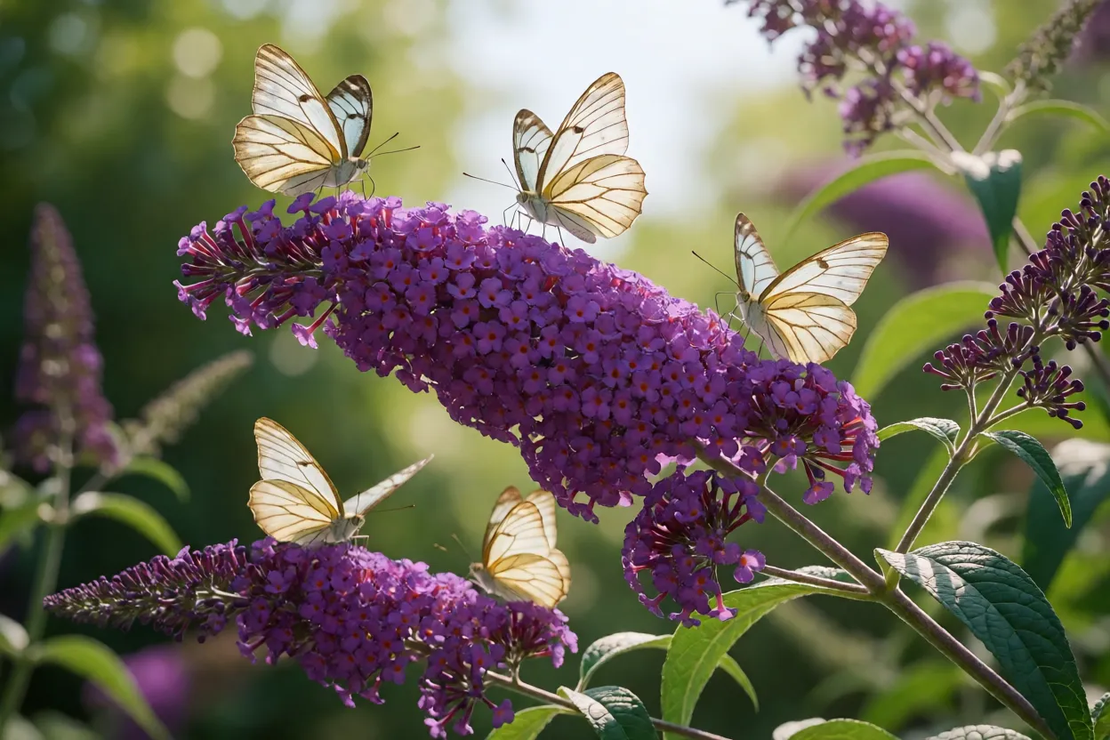 Borboletas pousadas em pan&iacute;culas de Buddleia