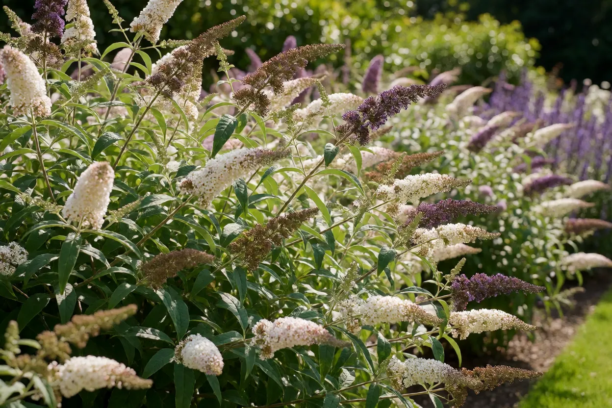 Buddleia sob sol pleno com flora&ccedil;&atilde;o abundante