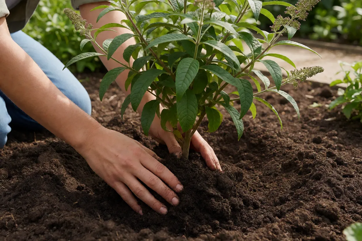 Plantio de muda de Buddleia em canteiro