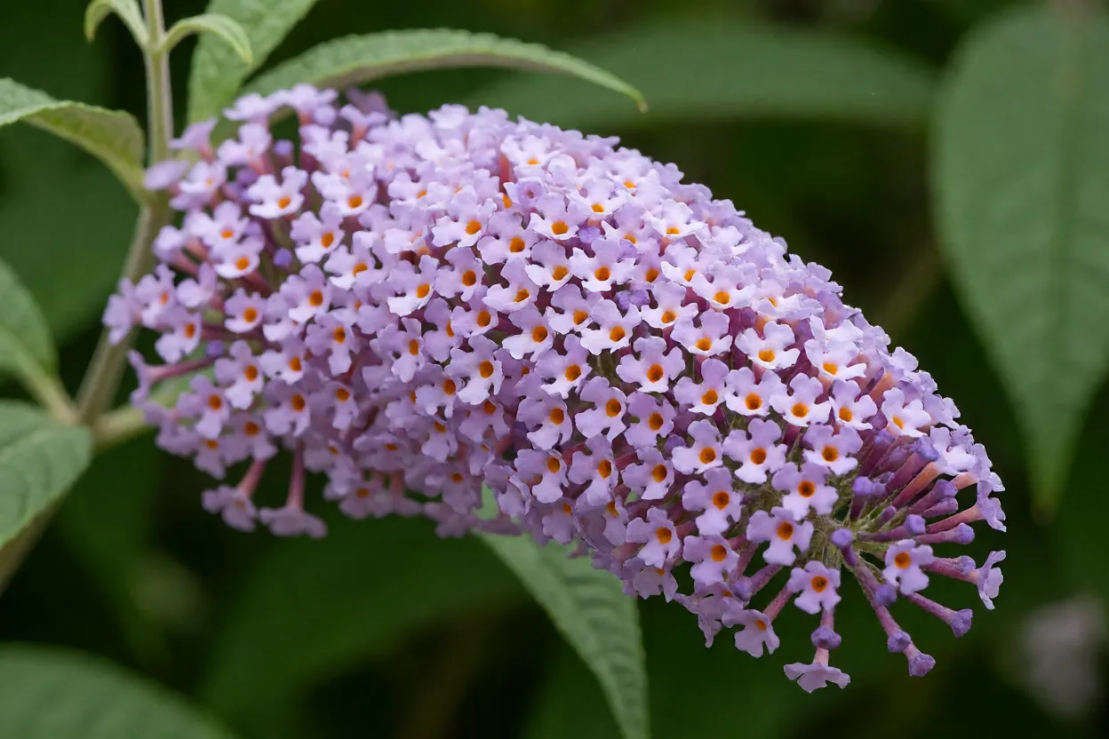 Close-up da inflorescência da budléia com flores tubulares lilás e centro alaranjado