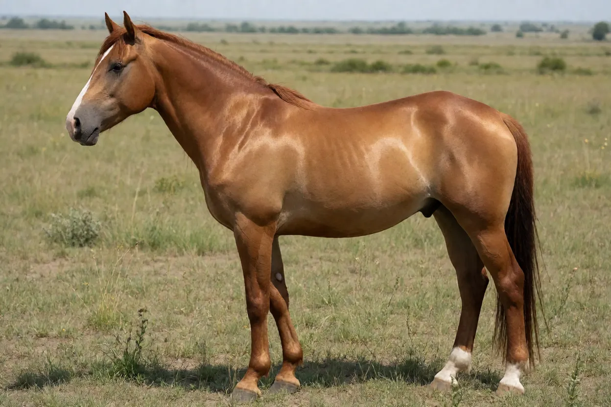 Cavalo Budyonny adulto de pelagem alazã dourada em vista lateral na pastagem