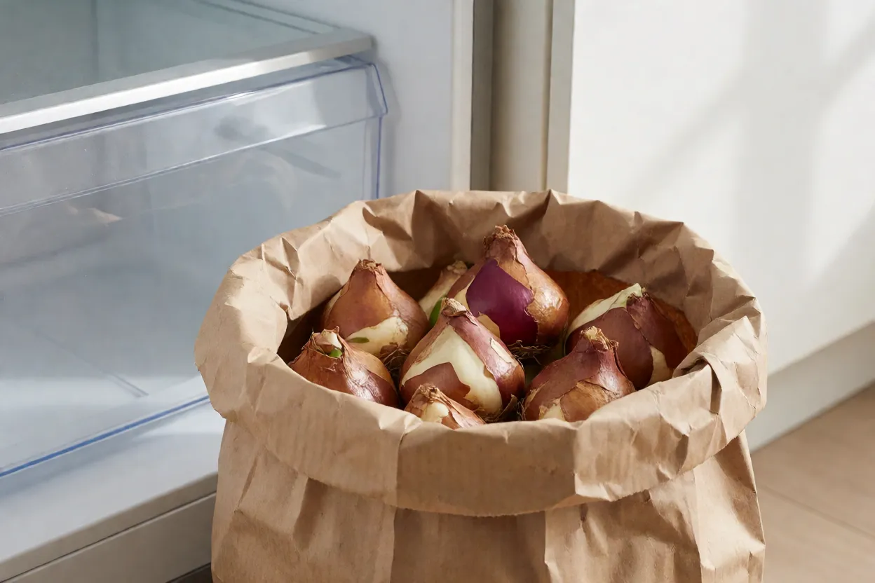 Bulbos de tulipa em saco de papel prontos para pr&eacute;-resfriamento