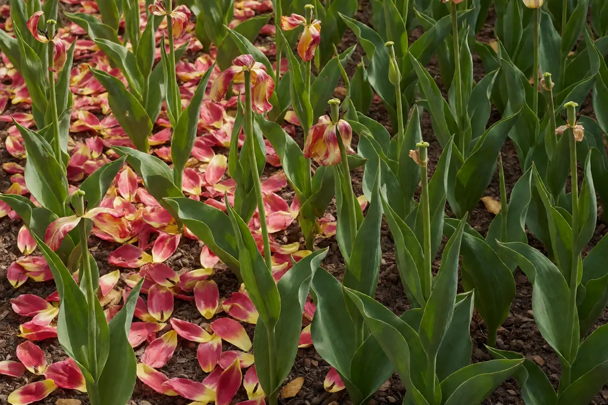 Tulipas com p&eacute;talas ca&iacute;das e folhas verdes ainda saud&aacute;veis no canteiro