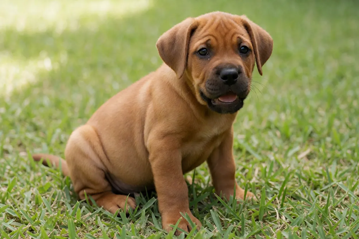 Filhote de Buldogue Campeiro fulvo sentado na grama