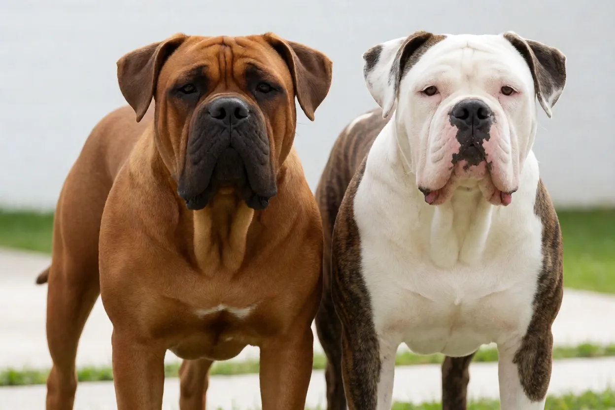 Dois Buldogues Campeiros lado a lado, um fulvo e um branco com manchas tigradas
