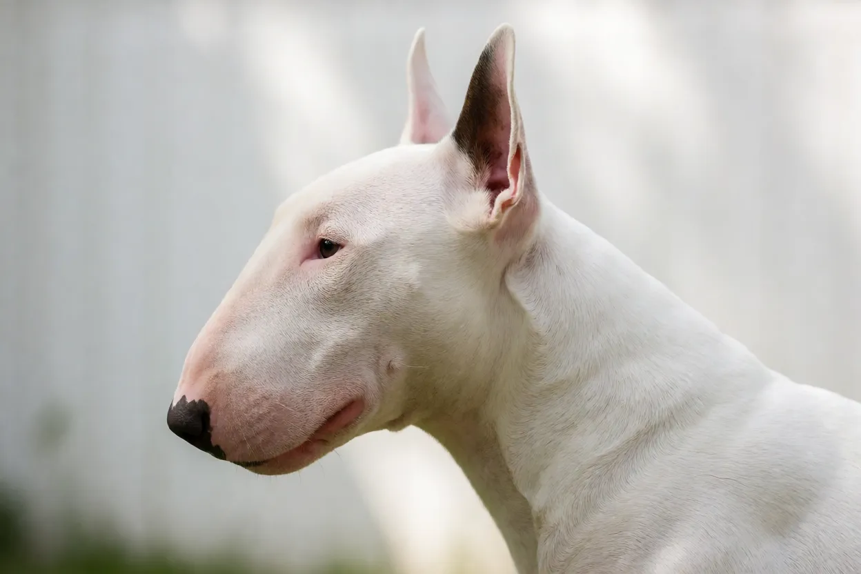Bull Terrier branco de perfil mostrando a cabe&ccedil;a em formato de ovo
