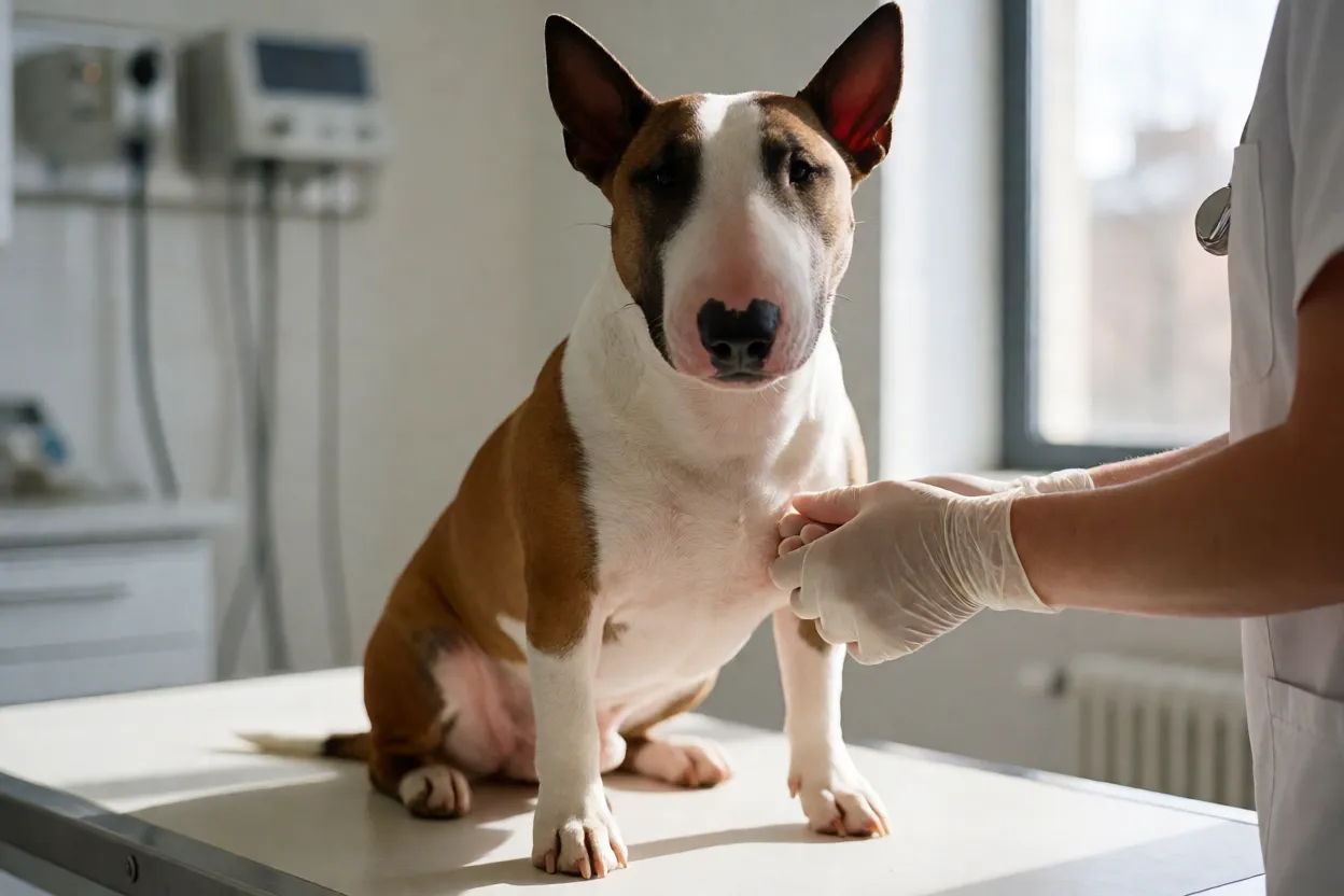 Bull Terrier em consulta veterin&aacute;ria