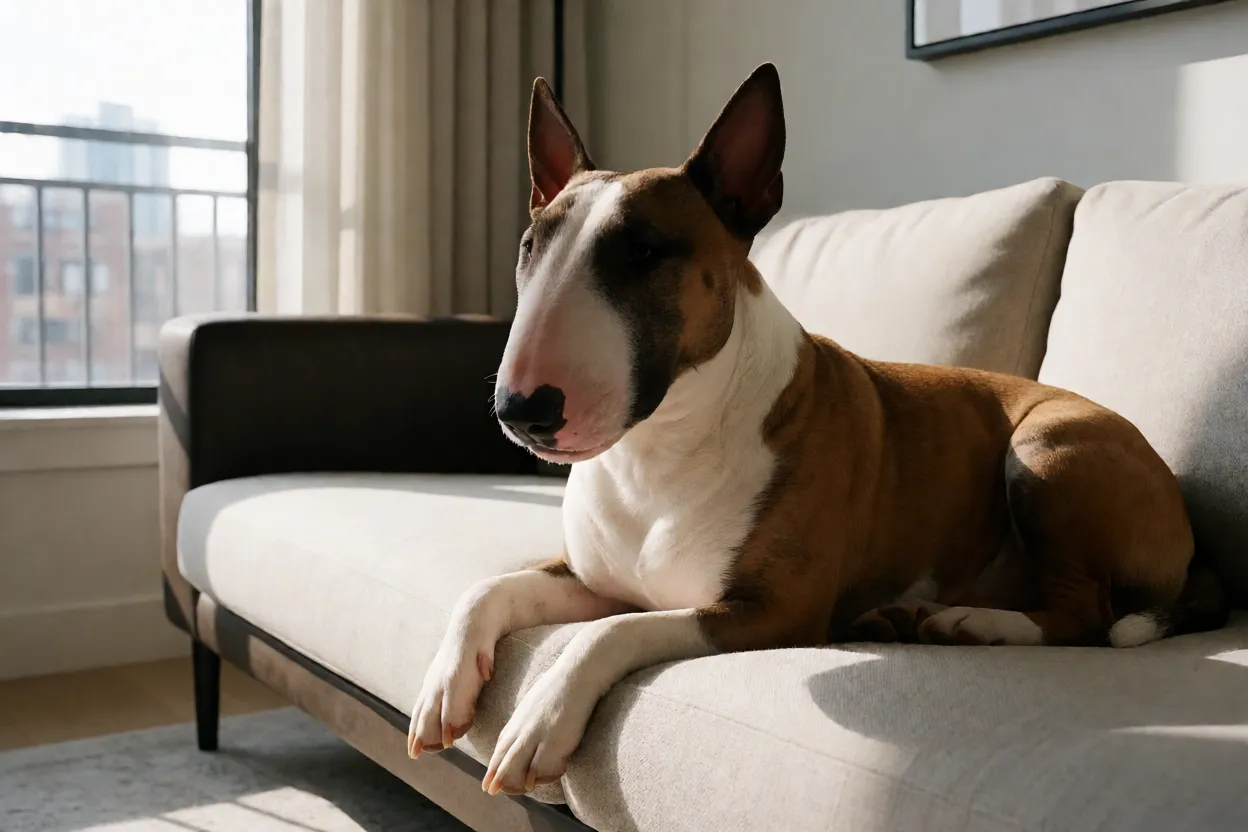 Bull Terrier confort&aacute;vel em ambiente interno de apartamento