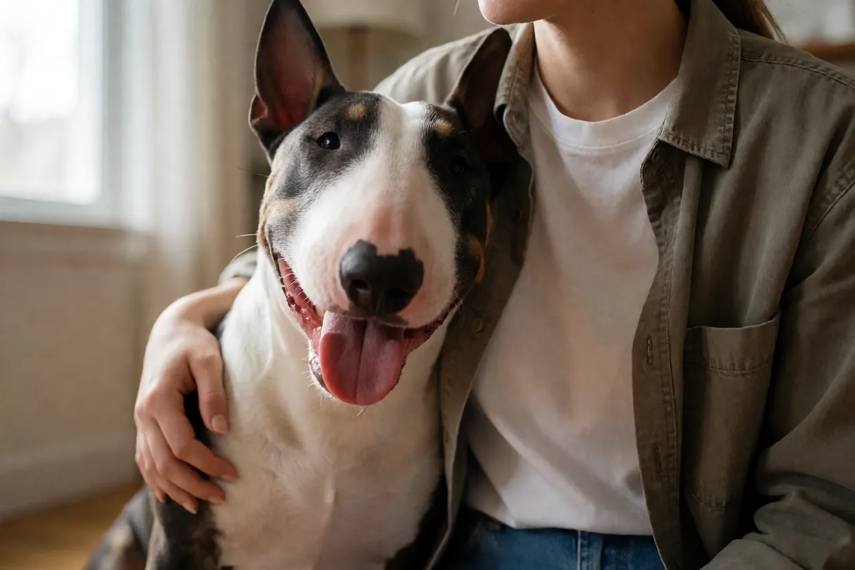 Bull Terrier feliz e afetuoso com seu tutor