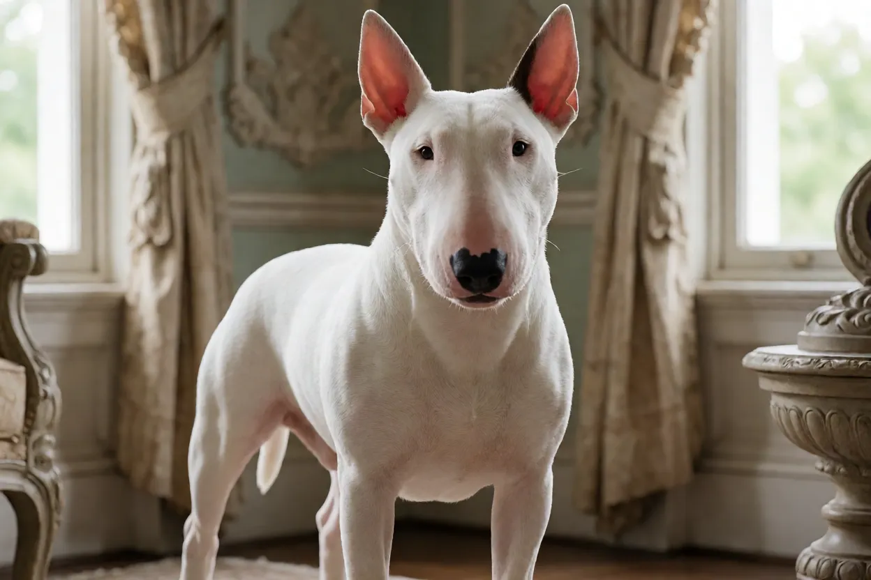 Bull Terrier hist&oacute;rico em pintura ou foto antiga mostrando a evolu&ccedil;&atilde;o da ra&ccedil;a