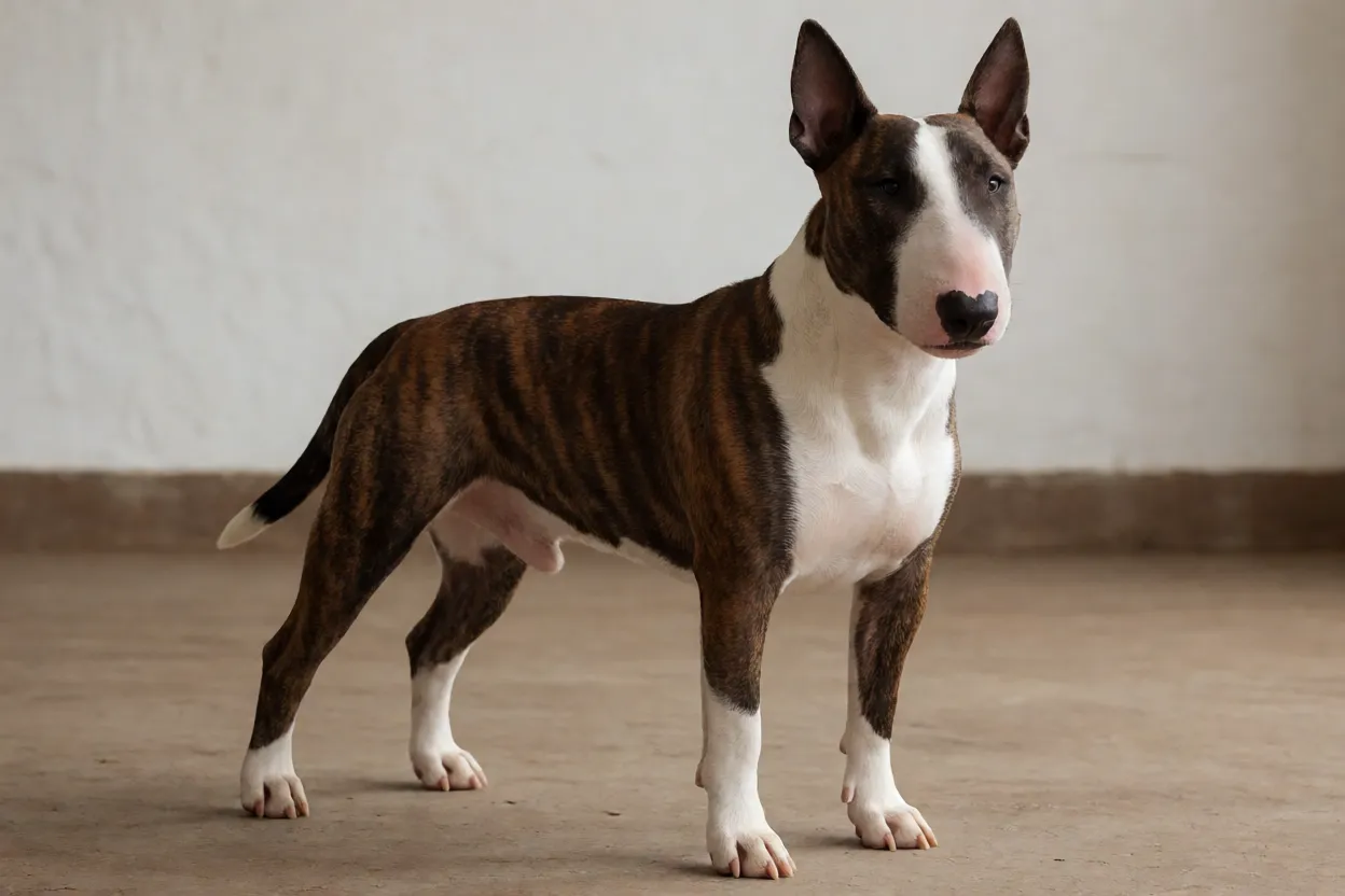 Bull Terrier colorido de corpo inteiro mostrando musculatura e pelagem curta