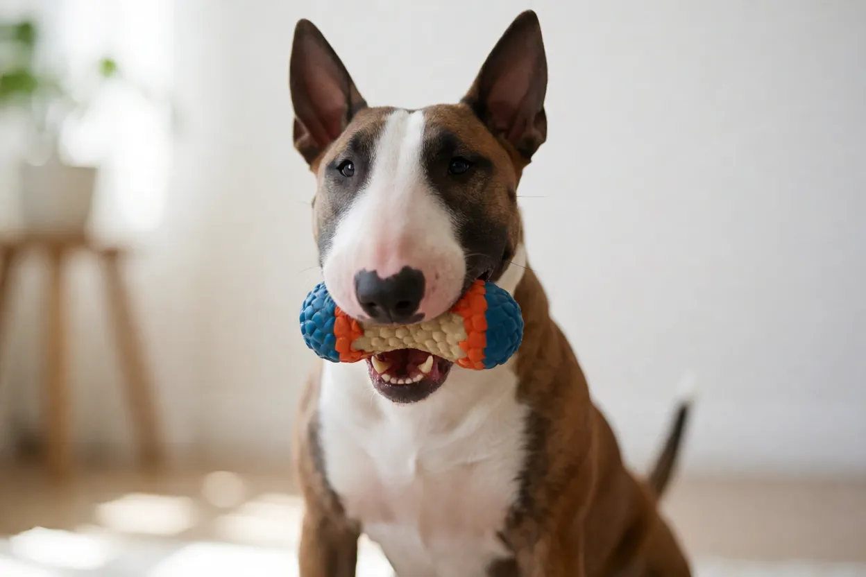 Bull Terrier brincando de forma engra&ccedil;ada com brinquedo