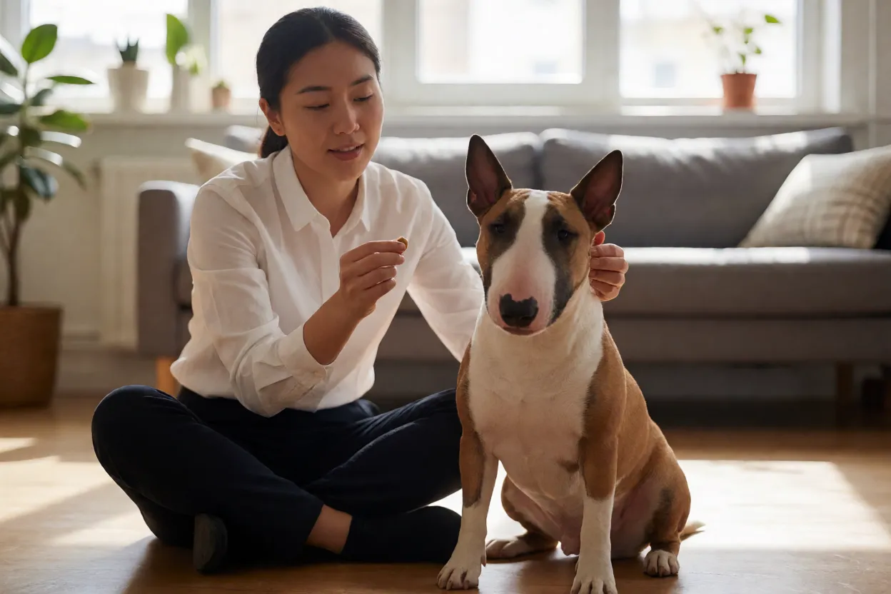 Bull Terrier em sess&atilde;o de treinamento com refor&ccedil;o positivo