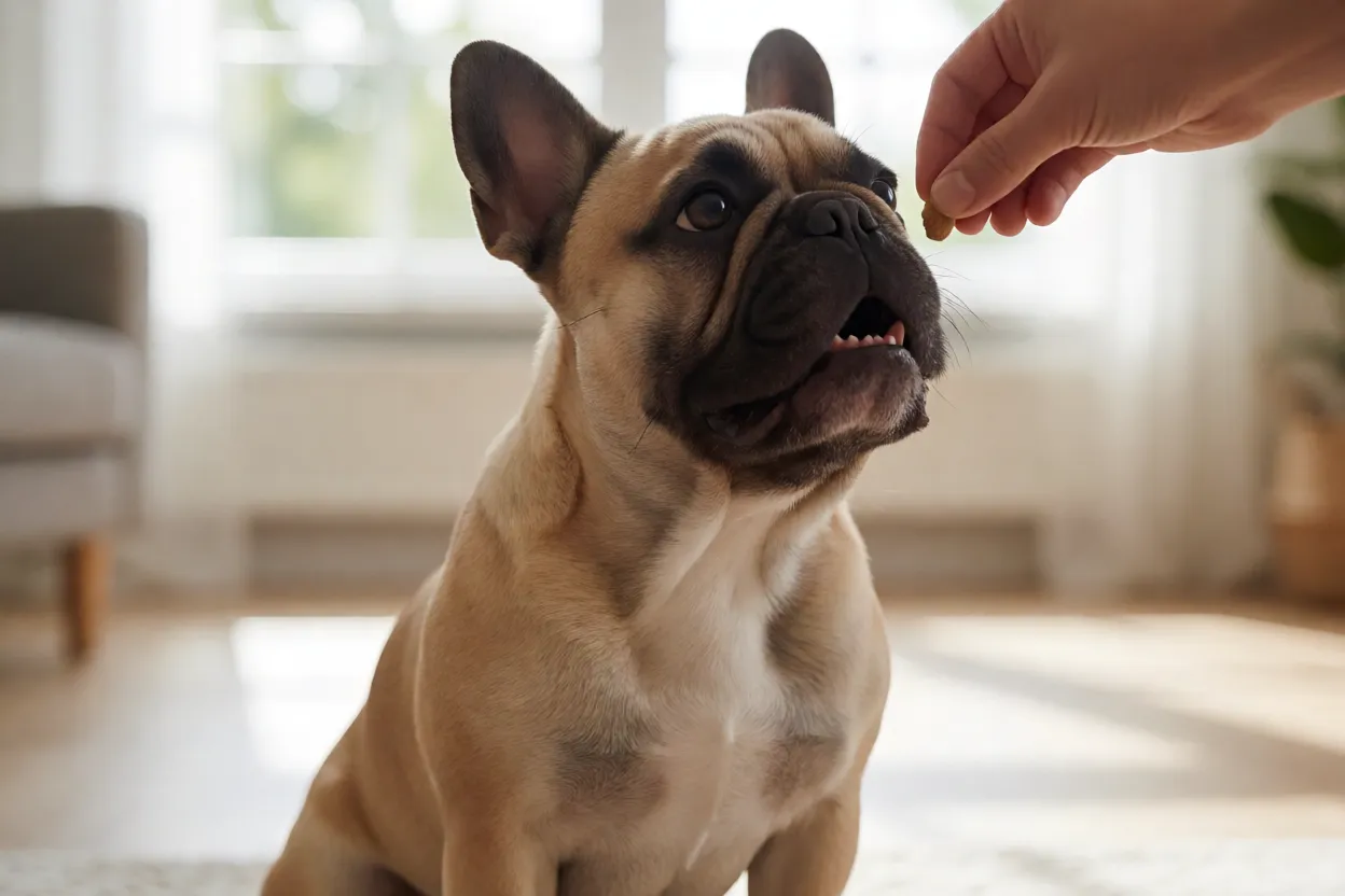 Bulldog Franc&ecirc;s aprendendo comando senta com refor&ccedil;o positivo