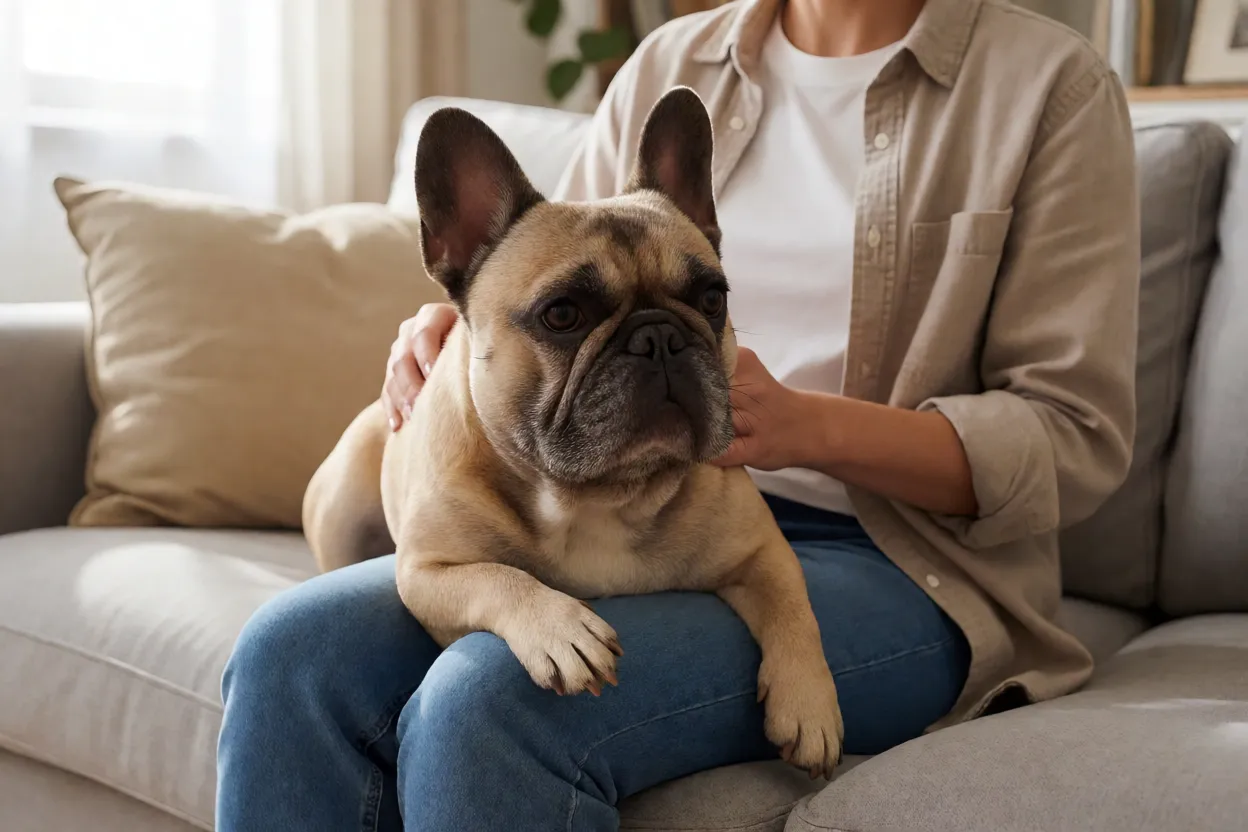 Bulldog Franc&ecirc;s relaxado no colo do tutor em sof&aacute;