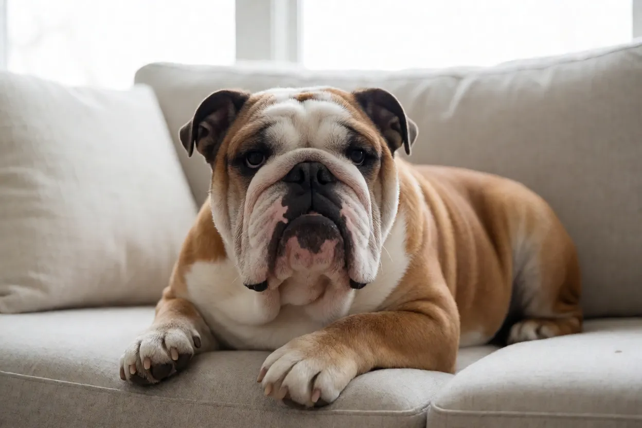 Bulldog Inglês: personalidade, tamanho e como cuidar da raça Bulldog Inglês adulto deitado em sofá com expressão calma