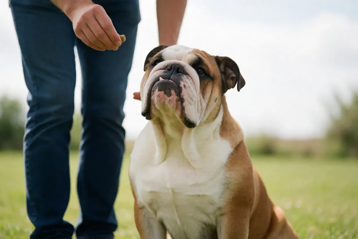 Bulldog Inglês: personalidade, tamanho e como cuidar da raça Bulldog Inglês em sessão de adestramento com petisco