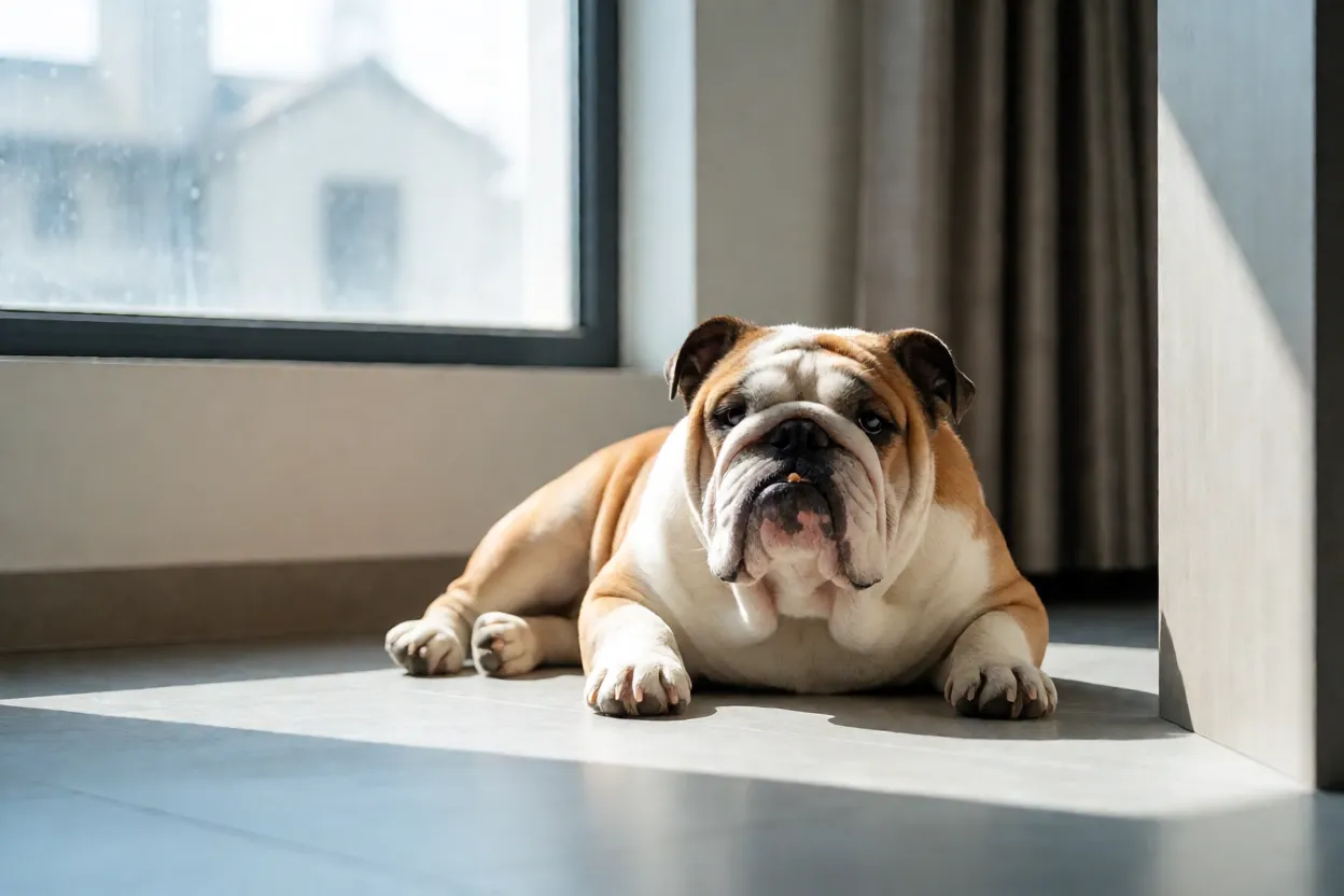 Bulldog Inglês: personalidade, tamanho e como cuidar da raça Bulldog Inglês descansando em apartamento moderno