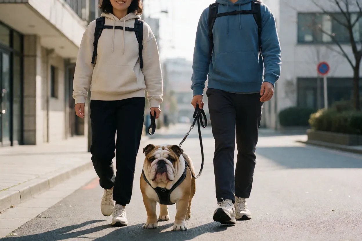 Bulldog Inglês: personalidade, tamanho e como cuidar da raça Bulldog Inglês com peitoral correto em passeio