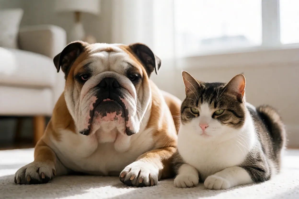 Bulldog Inglês: personalidade, tamanho e como cuidar da raça Bulldog Inglês convivendo com gato em casa