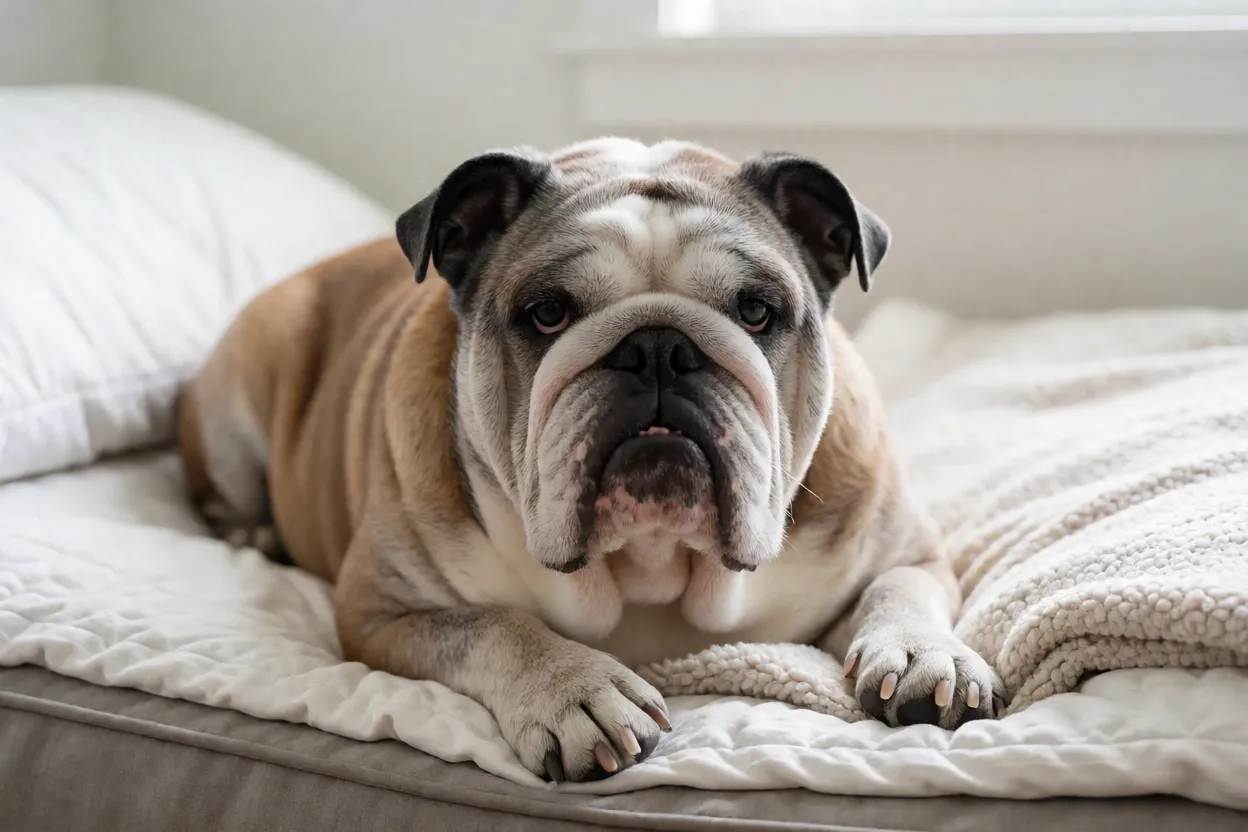 Bulldog Inglês: personalidade, tamanho e como cuidar da raça Bulldog Inglês idoso descansando em cama ortopédica