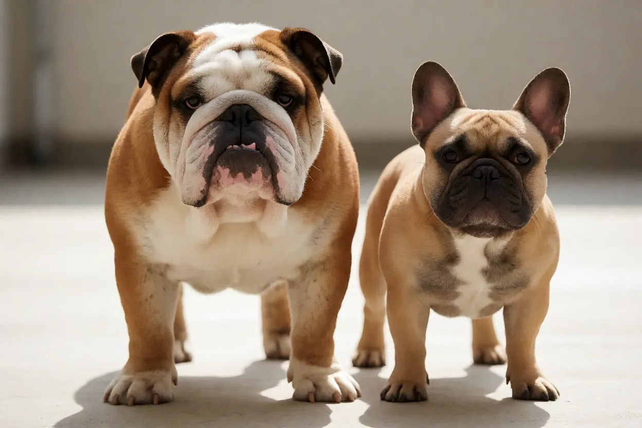 Bulldog Inglês: personalidade, tamanho e como cuidar da raça Comparação visual entre Bulldog Inglês e Francês