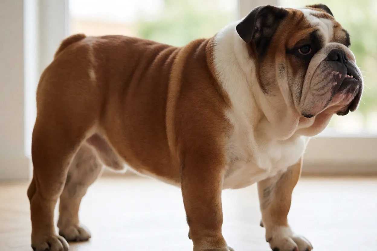 Bulldog Inglês: personalidade, tamanho e como cuidar da raça Bulldog Inglês em pé mostrando corpo largo e baixo